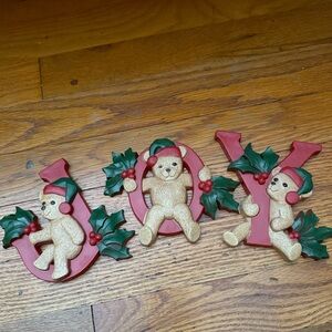 Vintage JOY teddy bear and holly decorations